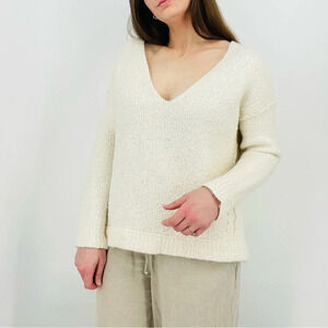 free people lofty alpaca blend deep v-neck boucle knit pullover sweater ivory s